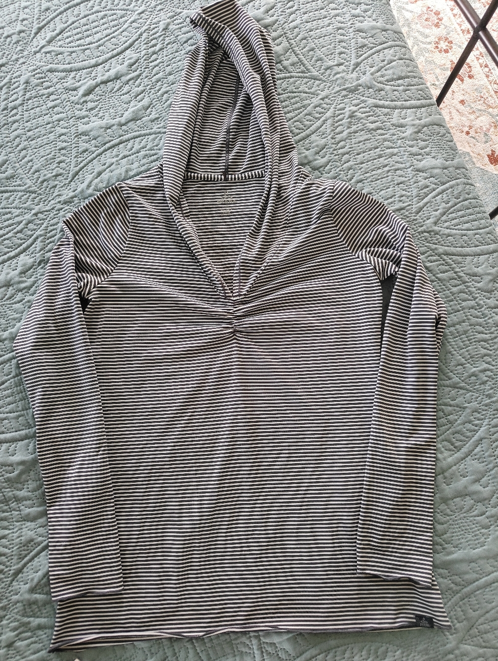 Prana Gray & White Striped Hooded Long Sleeve Top